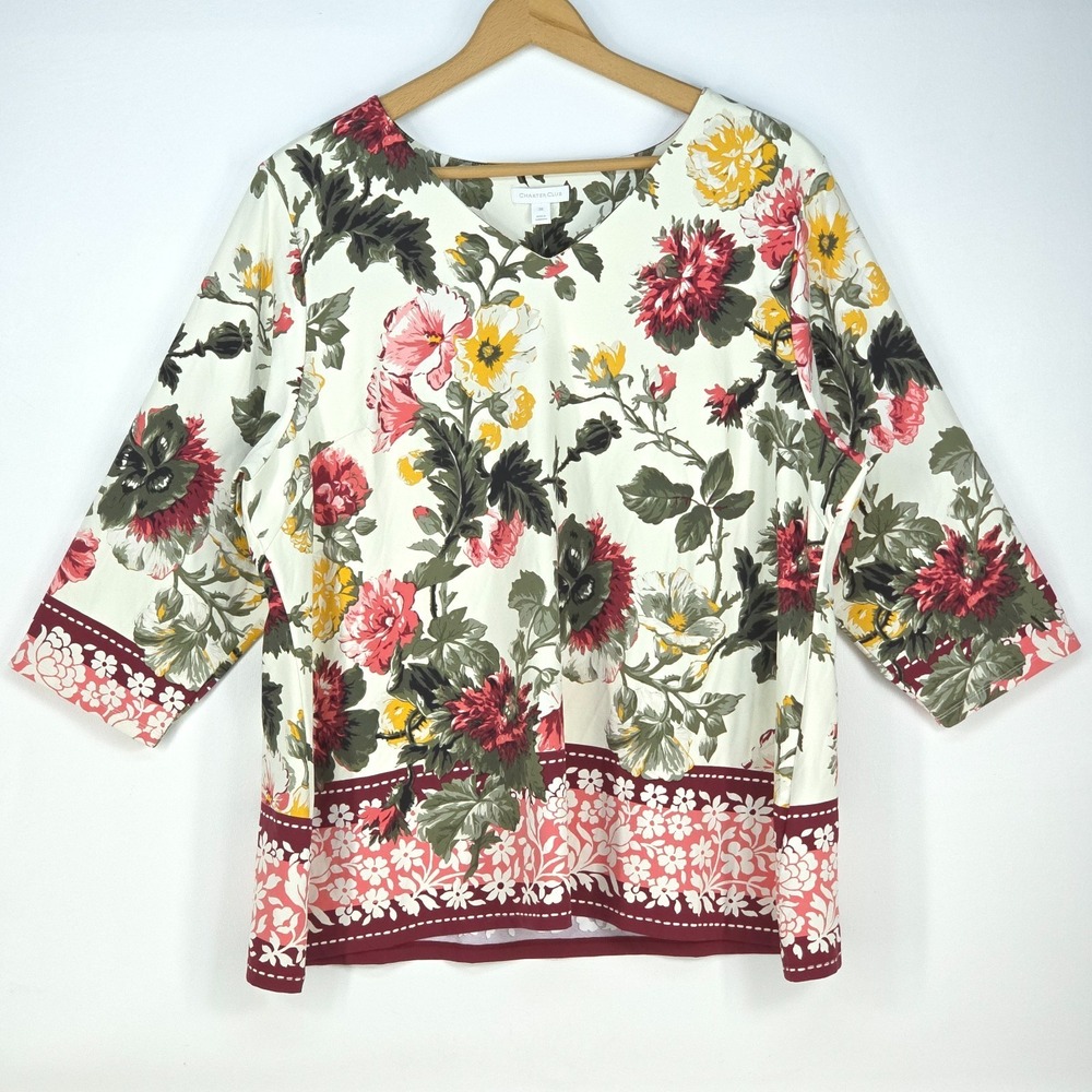 Charter Club 3/4 Sleeve V-Neck Top Women's 3X Floral Garden Party Mom Normcore